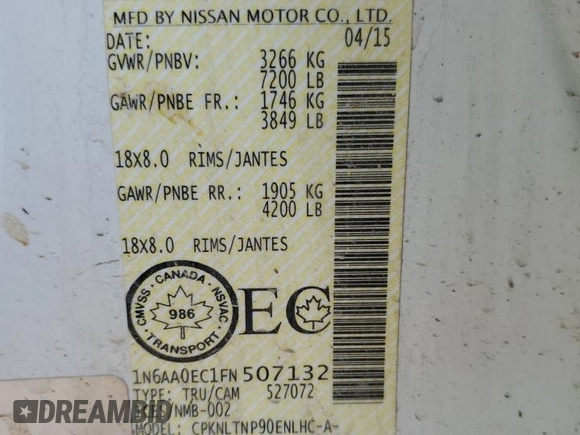 2015 Nissan Titan SV with VIN 1N6AA0EC1FN507132, listed as a Copart auction lot 74401954 with 169,236 mi miles and Salvage title. Bid and sale history available at DreamBid. Image 12.