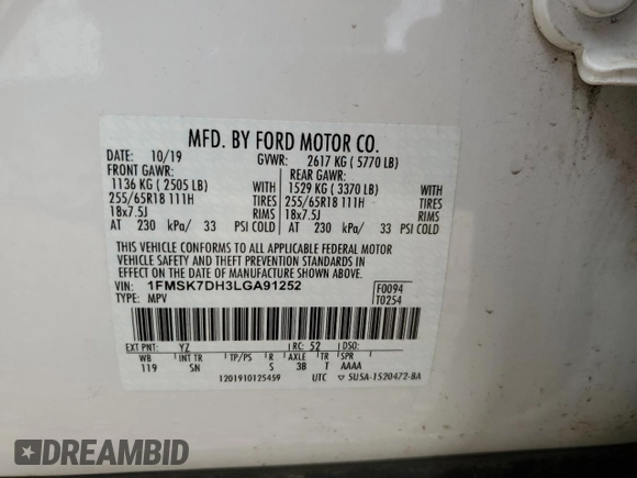 2020 Ford Explorer XLT z VIN 1FMSK7DH3LGA91252, wystawiony jako Copart lot #53439885 z przebiegiem 49 644 mil mil oraz Szkoda całkowita • Salvage title. Historia ofert i sprzedaży dostępna na DreamBid. Obrazek 12.