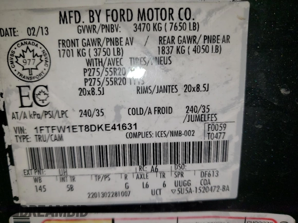 2013 Ford F-150 XL with VIN 1FTFW1ET8DKE41631, listed as a Copart auction lot 41372035 with 152,236 mi miles and Clean Title. Bid and sale history available at DreamBid. Image 12.