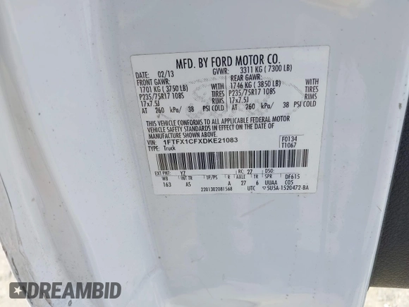 2013 Ford F-150 XL with VIN 1FTFX1CFXDKE21083, listed as a IAAI auction lot 42548084 with Not provided miles and . Bid and sale history available at DreamBid. Image 9.