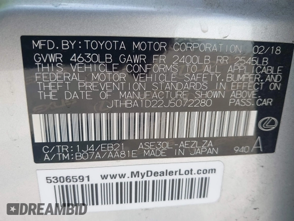 2018 Lexus IS 300 with VIN JTHBA1D22J5072280, listed as a IAAI auction lot 42442807 with 77,252 mi miles and . Bid and sale history available at DreamBid. Image 9.