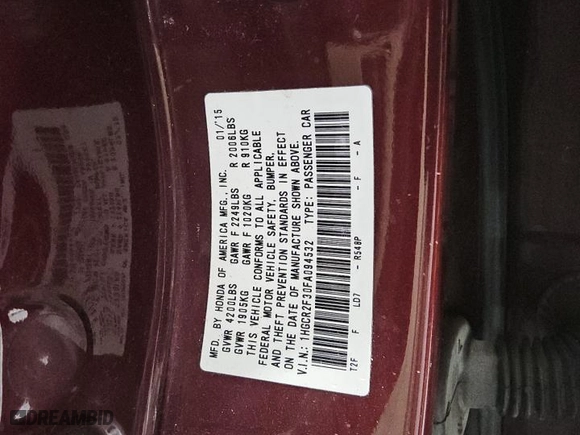 2015 Honda Accord Sedan LX with VIN 1HGCR2F30FA094532, listed as a Copart auction lot 48120865 with 114,617 mi miles and Clean Title. Bid and sale history available at carsss.com. Image 12.