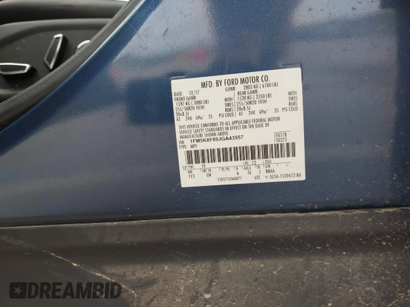2018 Ford Explorer Limited with VIN 1FM5K8F89JGA43557, listed as a IAAI auction lot 42007090 with 82,087 mi miles and . Bid and sale history available at carsss.com. Image 9.