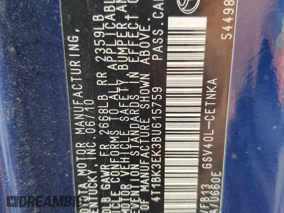 2011 Toyota Camry LE with VIN 4T1BK3EK3BU615759, listed as a Copart auction lot 55405305 with 380,183 mi miles and Clean Title. Bid and sale history available at carsss.com. Image 12.