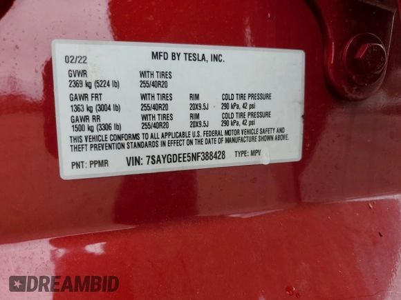 2022 Tesla Model Y Long Range z VIN 7SAYGDEE5NF388428, wystawiony jako Copart lot #56671385 z przebiegiem 17 250 mil mil oraz Szkody całkowita. Historia ofert i sprzedaży dostępna na DreamBid. Obrazek 12.