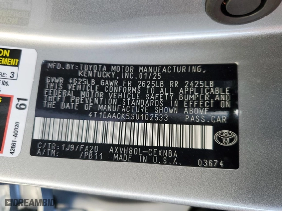 2025 Toyota Camry LE with VIN 4T1DAACK5SU102533, listed as a Copart auction lot 47691235 with 9,078 mi miles and Salvage Title. Bid and sale history available at carsss.com. Image 14.