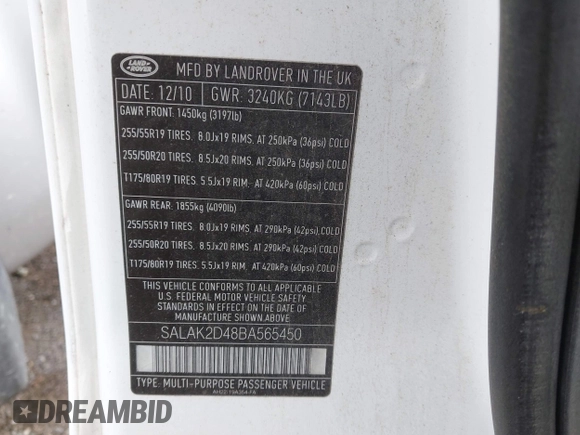 2011 Land Rover LR4 Lux with VIN SALAK2D48BA565450, listed as a IAAI auction lot 42669730 with 177,858 mi miles and . Bid and sale history available at DreamBid. Image 9.