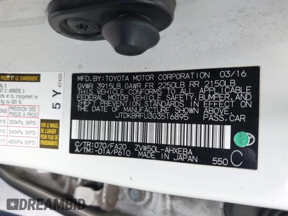 2016 Toyota Prius Two with VIN JTDKBRFU3G3516895, listed as a IAAI auction lot 41720956 with 234,879 mi miles and . Bid and sale history available at DreamBid. Image 9.
