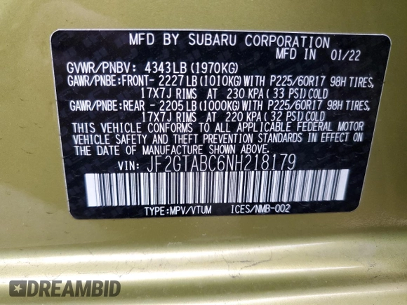 2022 Subaru Crosstrek with VIN JF2GTABC6NH218179, listed as a Copart auction lot 85490214 with 20,216 mi miles and Salvage Title. Bid and sale history available at carsss.com. Image 12.