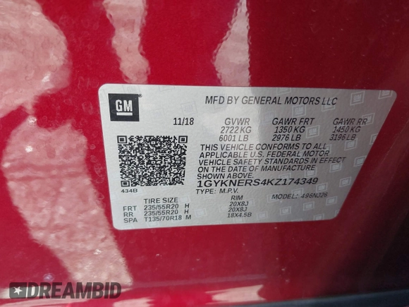 2019 Cadillac XT5 Premium Luxury FWD with VIN 1GYKNERS4KZ174349, listed as a IAAI auction lot 41614364 with 104,979 mi miles and . Bid and sale history available at DreamBid. Image 9.