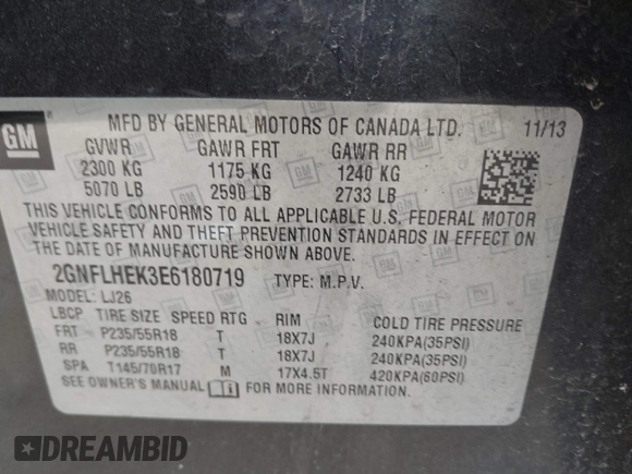 2014 Chevrolet Equinox LTZ with VIN 2GNFLHEK3E6180719, listed as a IAAI auction lot 41896240 with 181,836 mi miles. Bid and sale history available at carsss.com. Image 9.