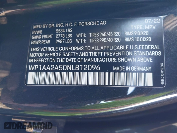 2022 Porsche Macan with VIN WP1AA2A50NLB12096, listed as a IAAI auction lot 41391199 with 15,951 mi miles and . Bid and sale history available at DreamBid. Image 9.