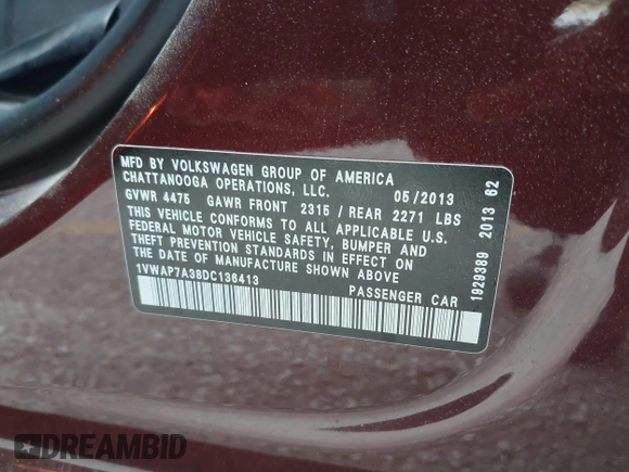 2013 Volkswagen Passat Wolfsburg Edition with VIN 1VWAP7A38DC136413, listed as a IAAI auction lot 42022470 with 265,221 mi miles. Bid and sale history available at carsss.com. Image 9.