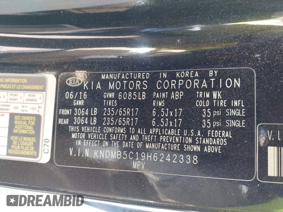 2017 Kia Sedona LX with VIN KNDMB5C19H6242338, listed as a IAAI auction lot 41916438 with 77,404 mi miles and . Bid and sale history available at DreamBid. Image 9.