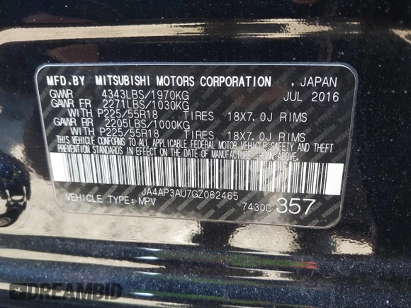 2016 Mitsubishi Outlander Sport 2.0 ES with VIN JA4AP3AU7GZ062465, listed as a IAAI auction lot 41466698 with 66,414 mi miles. Bid and sale history available at carsss.com. Image 9.
