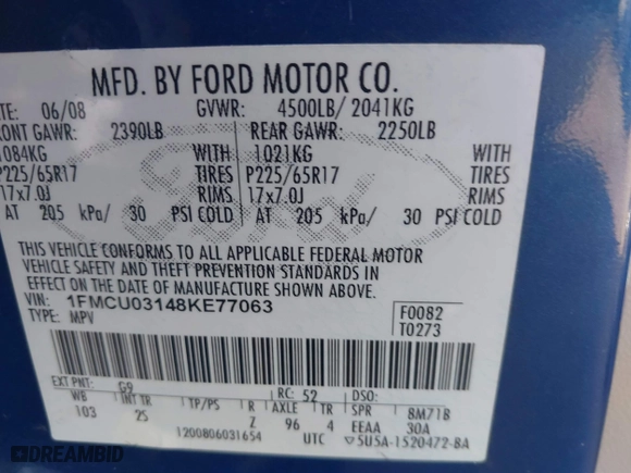 2008 Ford Escape XLT with VIN 1FMCU03148KE77063, listed as a IAAI auction lot 41815059 with 160,000 mi miles. Bid and sale history available at carsss.com. Image 9.