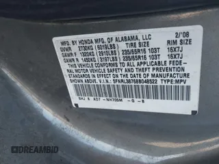 2008 Honda Odyssey EX-L with VIN 5FNRL38768B048522, listed as a IAAI auction lot 40461088 with 280,144 mi miles and . Bid and sale history available at DreamBid. Image 9.