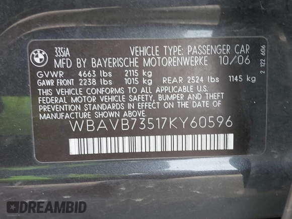2007 BMW 3 Series 335i with VIN WBAVB73517KY60596, listed as a IAAI auction lot 42504350 with 111,403 mi miles and . Bid and sale history available at DreamBid. Image 9.