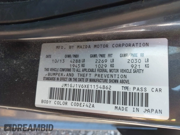 2014 Mazda Mazda6 i Touring with VIN JM1GJ1V6XE1154862, listed as a IAAI auction lot 42052904 with 301,752 mi miles. Bid and sale history available at carsss.com. Image 9.