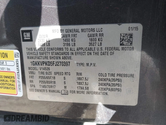 2015 GMC Acadia SLE with VIN 1GKKVPKD5FJ270397, listed as a IAAI auction lot 41592634 with 87,724 mi miles. Bid and sale history available at carsss.com. Image 9.