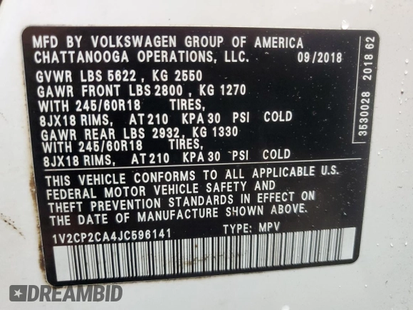 2018 Volkswagen Atlas SE with VIN 1V2CP2CA4JC596141, listed as a Copart auction lot 52216345 with Not provided miles and Salvage title. Bid and sale history available at DreamBid. Image 13.