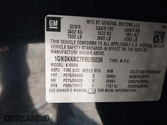 2015 Chevrolet Suburban LTZ with VIN 1GNSKKKC7FR205638, listed as a IAAI auction lot 40284367 with 103,530 mi miles and . Bid and sale history available at DreamBid. Image 9.