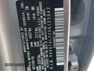 2017 Kia Optima LX with VIN 5XXGT4L3XHG125942, listed as a Copart auction lot 61654015 with 108,582 mi miles and Salvage title. Bid and sale history available at DreamBid. Image 12.