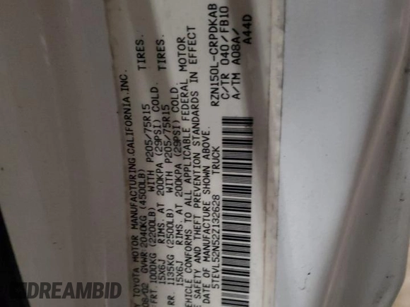 2002 Toyota Tacoma with VIN 5TEVL52N52Z132628, listed as a Copart auction lot 44796245 with 209,480 mi miles and Salvage title. Bid and sale history available at DreamBid. Image 12.