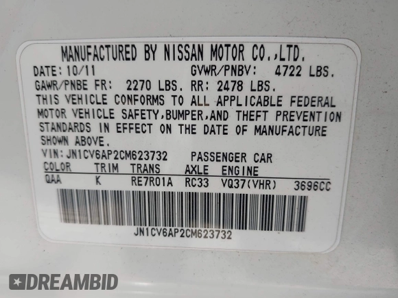 2012 Infiniti G37 Journey with VIN JN1CV6AP2CM623732, listed as a IAAI auction lot 41979771 with 217,306 mi miles and . Bid and sale history available at DreamBid. Image 9.