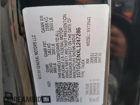 2020 GMC Canyon 2WD SLE with VIN 1GTG5CENXL1247286, listed as a Copart auction lot 44579615 with 54,364 mi miles and Salvage Title. Bid and sale history available at carsss.com. Image 13.
