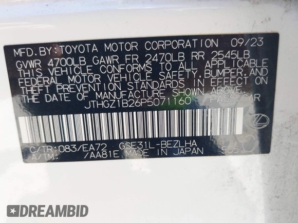 2023 Lexus IS 350 F Sport with VIN JTHGZ1B26P5071160, listed as a IAAI auction lot 42513194 with 43,539 mi miles and . Bid and sale history available at DreamBid. Image 9.