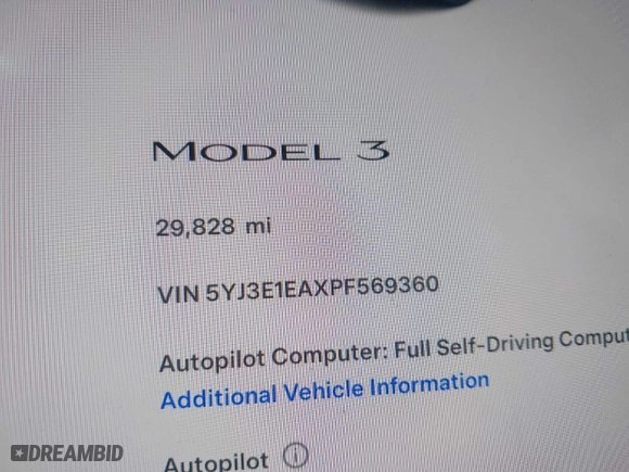 2023 Tesla Model 3 with VIN 5YJ3E1EAXPF569360, listed as a IAAI auction lot 41648207 with 29,828 mi miles. Bid and sale history available at carsss.com. Image 16.