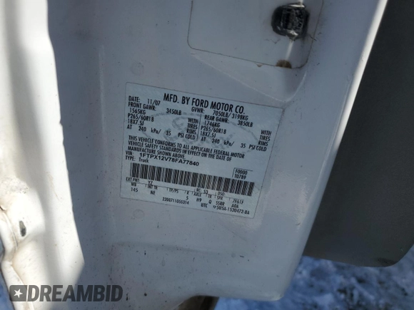 2008 Ford F-150 XL with VIN 1FTPX12V78FA77840, listed as a Copart auction lot 45140905 with 298,984 mi miles and Salvage title. Bid and sale history available at DreamBid. Image 12.