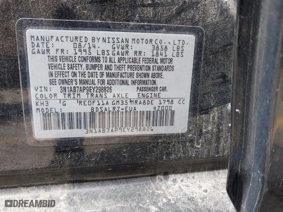 2014 Nissan Sentra SV with VIN 3N1AB7AP9EY298826, listed as a IAAI auction lot 42003429 with 97,835 mi miles. Bid and sale history available at carsss.com. Image 9.