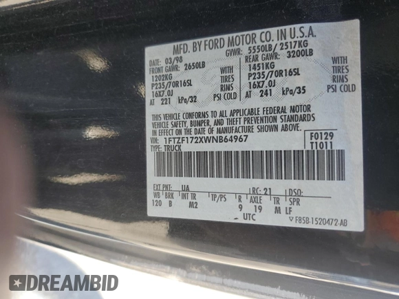 1998 Ford F-150 with VIN 1FTZF172XWNB64967, listed as a Copart auction lot 48491685 with 243,907 mi miles and Salvage title. Bid and sale history available at DreamBid. Image 12.