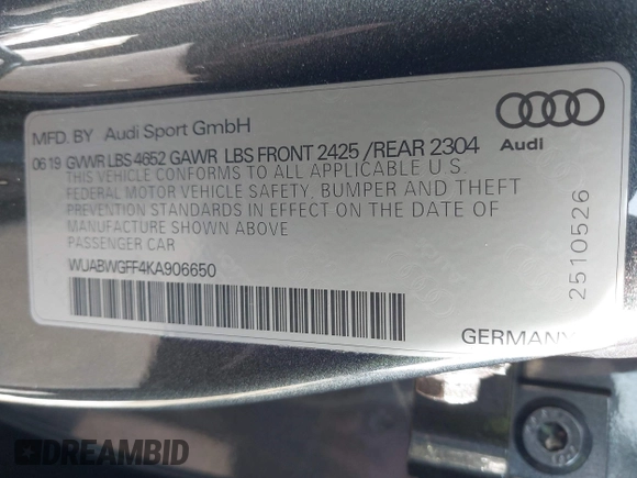2019 Audi RS 3 with VIN WUABWGFF4KA906650, listed as a IAAI auction lot 42163296 with 36,235 mi miles and . Bid and sale history available at DreamBid. Image 9.