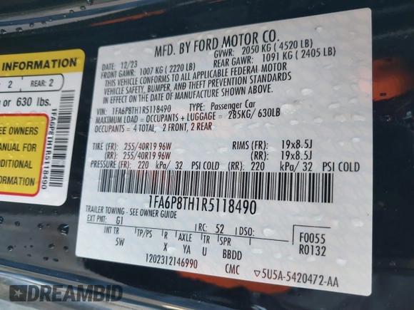 2024 Ford Mustang EcoBoost z VIN 1FA6P8TH1R5118490, wystawiony jako IAAI lot #41720519 z przebiegiem Nie podano mil oraz . Historia ofert i sprzedaży dostępna na DreamBid. Obrazek 9.