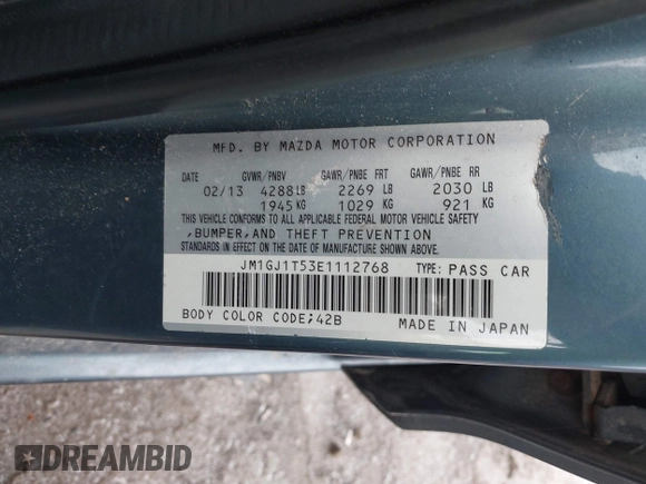 2014 Mazda 6 i Touring with VIN JM1GJ1T53E1112768, listed as a IAAI auction lot 41727440 with 166,081 mi miles and . Bid and sale history available at DreamBid. Image 9.