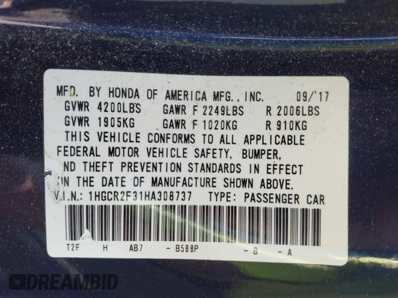 2017 Honda Accord Sedan LX with VIN 1HGCR2F31HA308737, listed as a IAAI auction lot 41931514 with 127,106 mi miles. Bid and sale history available at carsss.com. Image 9.