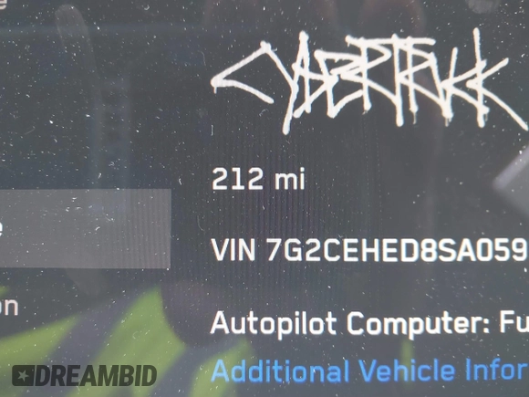 2025 Tesla Cybertruck с VIN 7G2CEHED8SA059806, выставлен на аукционе IAAI как лот 41706116 с пробегом 212 миль миль и . История ставок и продаж доступна на DreamBid. Изображение 15.