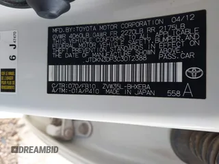 2012 Toyota Prius z VIN JTDKN3DP3C3012388, wystawiony jako IAAI lot #42436517 z przebiegiem 196 072 mil mil oraz . Historia ofert i sprzedaży dostępna na DreamBid. Obrazek 9.