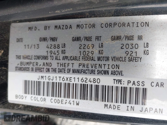 2014 Mazda 6 i Touring with VIN JM1GJ1T6XE1162480, listed as a IAAI auction lot 42150777 with 148,113 mi miles and . Bid and sale history available at DreamBid. Image 9.