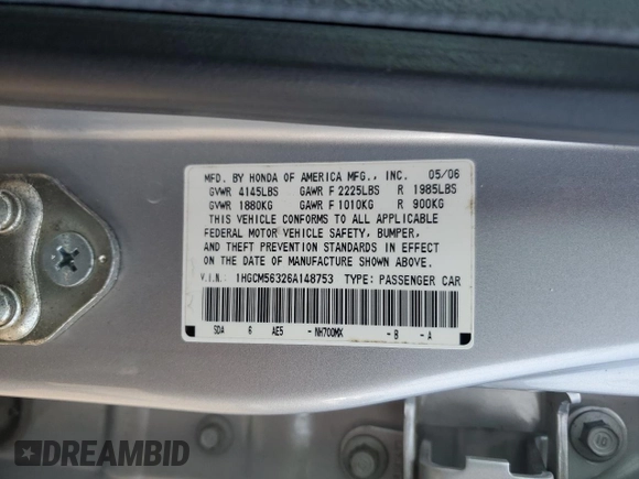 2006 Honda Accord LX SE z VIN 1HGCM56326A148753, wystawiony jako Copart lot #60675275 z przebiegiem Nie podano mil oraz Szkoda całkowita • Salvage title. Historia ofert i sprzedaży dostępna na DreamBid. Obrazek 12.