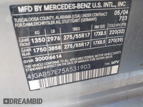 2005 Mercedes-Benz M 350 with VIN 4JGAB57E75A531903, listed as a IAAI auction lot 42497065 with 125,027 mi miles and . Bid and sale history available at DreamBid. Image 9.