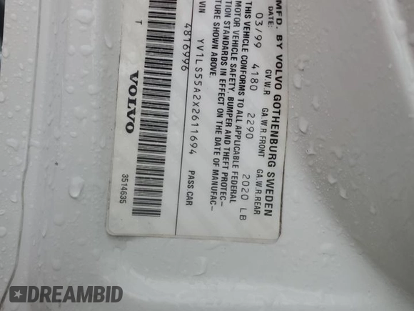 1999 Volvo S70 с VIN YV1LS55A2X2611694, выставлен на аукционе Copart как лот 43749155 с пробегом 185 184 миль миль и Списание • Salvage title. История ставок и продаж доступна на DreamBid. Изображение 12.