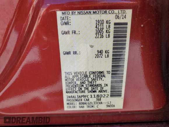 2015 Nissan Altima S with VIN 1N4AL3AP9FC118022, listed as a Copart auction lot 87215444 with 95,175 mi miles and Salvage Title. Bid and sale history available at DreamBid. Image 14.
