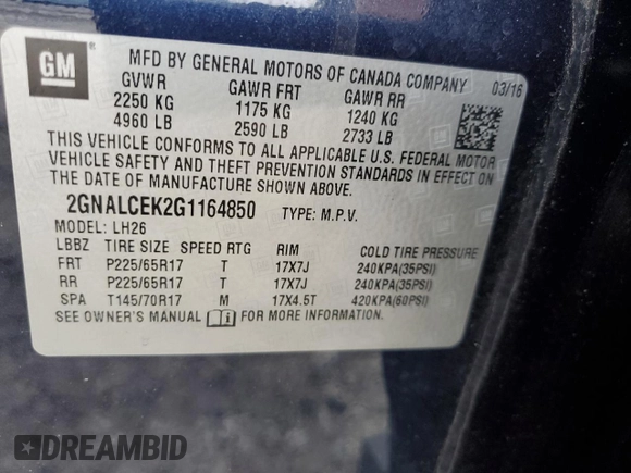 2016 Chevrolet Equinox LT z VIN 2GNALCEK2G1164850, wystawiony jako Copart lot #55964035 z przebiegiem 167 408 mil mil oraz Czysty tytuł • Clean title. Historia ofert i sprzedaży dostępna na DreamBid. Obrazek 13.