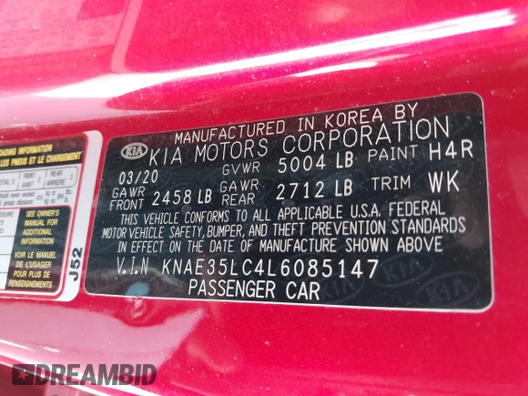 2020 Kia Stinger GT with VIN KNAE35LC4L6085147, listed as a IAAI auction lot 41820512 with 37,033 mi miles and . Bid and sale history available at DreamBid. Image 9.