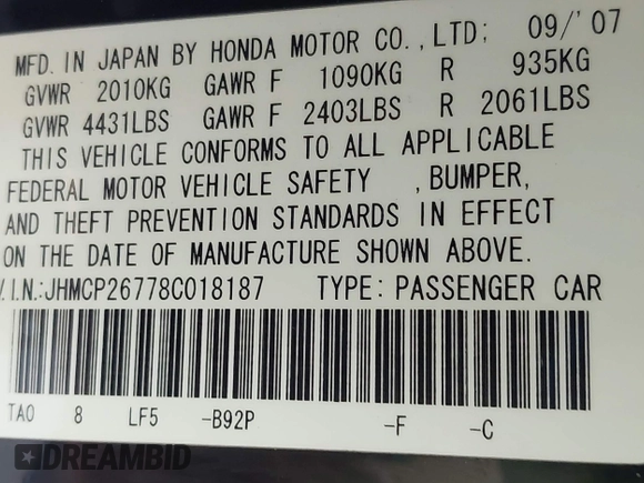 2008 Honda Accord EX with VIN JHMCP26778C018187, listed as a IAAI auction lot 42201831 with 266,639 mi miles and . Bid and sale history available at DreamBid. Image 9.