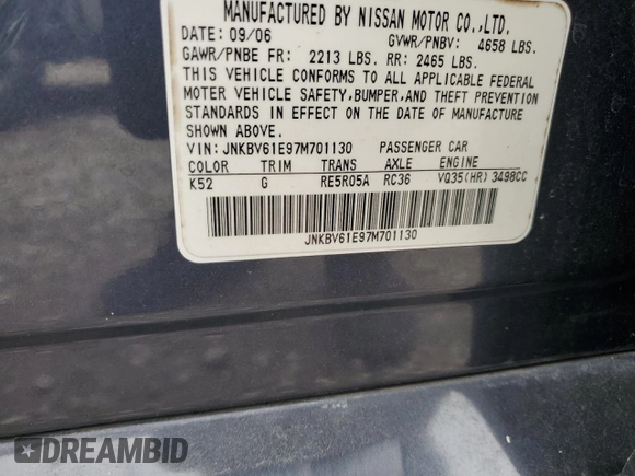 2007 Infiniti G35 Sedan Journey with VIN JNKBV61E97M701130, listed as a Copart auction lot 51984515 with Not Provided miles and Salvage Title. Bid and sale history available at carsss.com. Image 14.